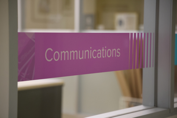 Close up of Communications label at the Office of Communications