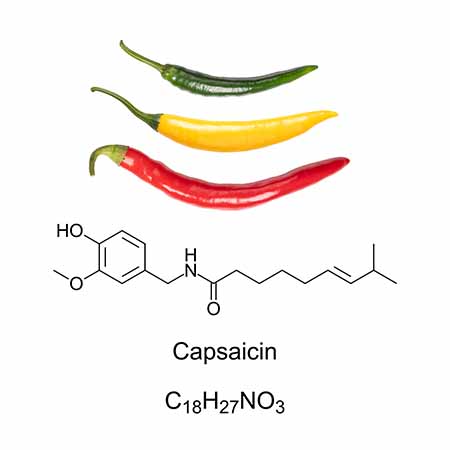 a green, yellow, and red pepper above the chemical formula for capasaicin
