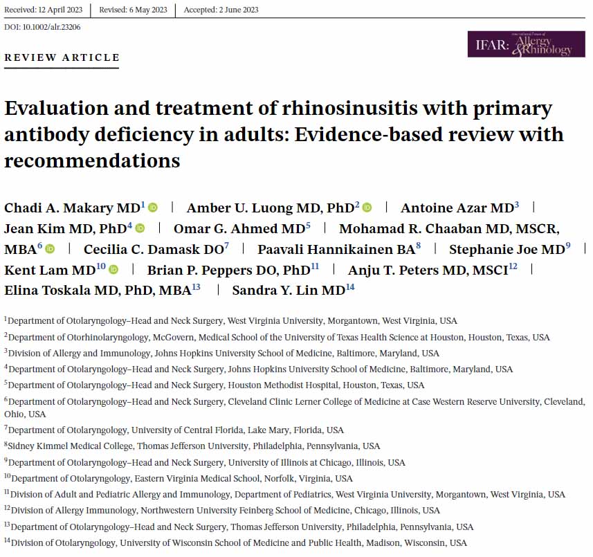 Chronic Rhinosinusitis with Primary Antibody Deficiency article