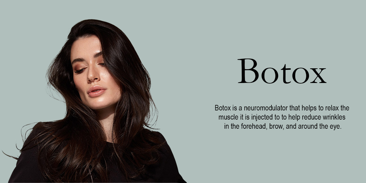 white woman with long dark hair wearing a black shirt next to the words botox - botox is a neuromodulator that helps to relax the muscle it is injected to to help reduce wrinkles in the forehead, brow, and around the eye