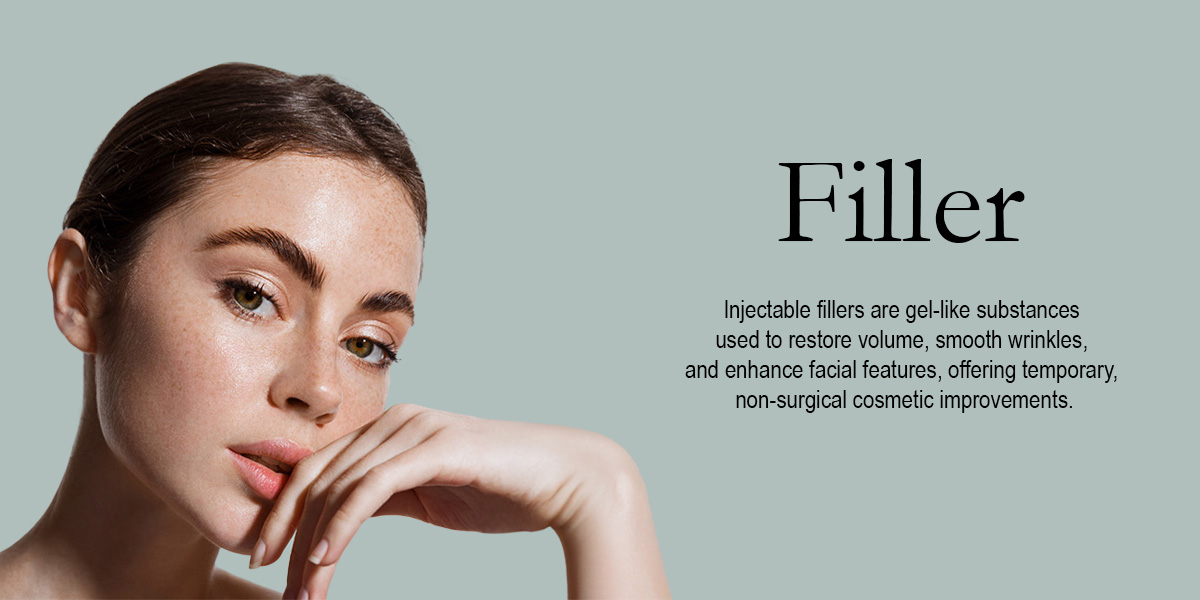 white woman with dark hair touching her face next to the words filler: Injectable fillers are gel-like substances used to restore volume, smooth wrinkles, and enhance facial features, offering temporary, non-surgical cosmetic improvements.