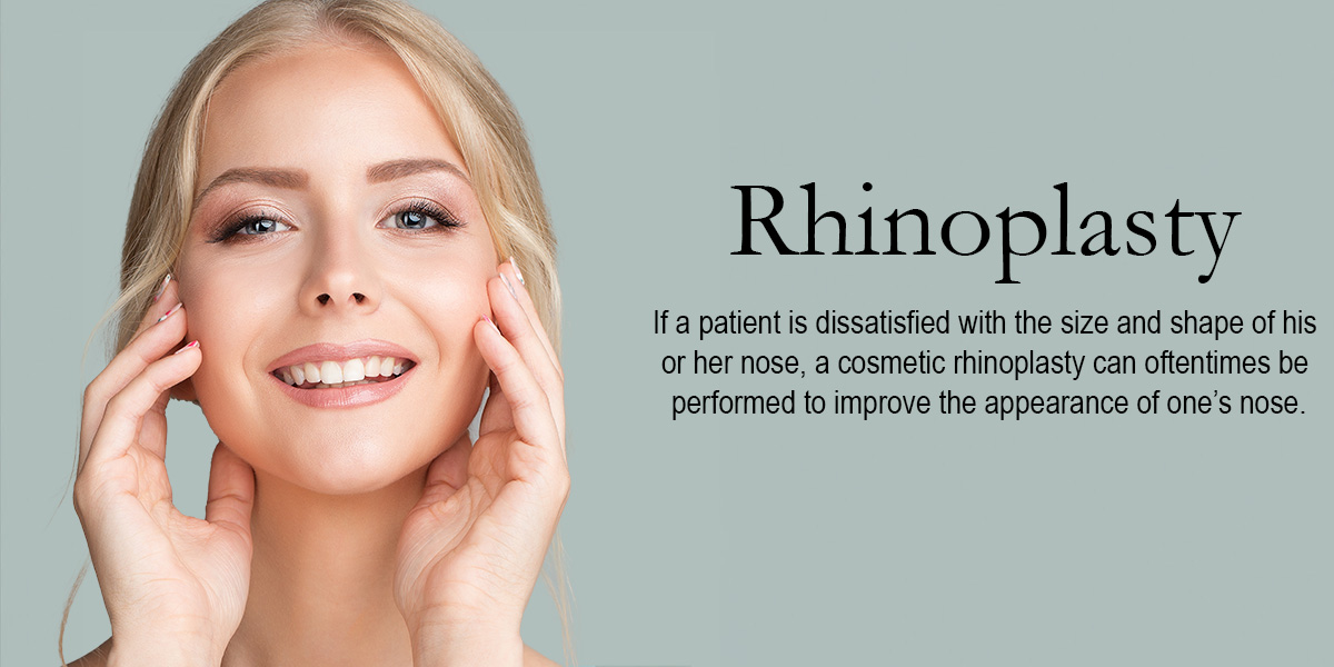 white woman with blonde hair touching her face with the words rhinoplasty if a patient is dissatisfied with the size and shape of his or her nose, a cosmetic rhinoplasty can oftentimes be performed to improve the appearance of one's nose.