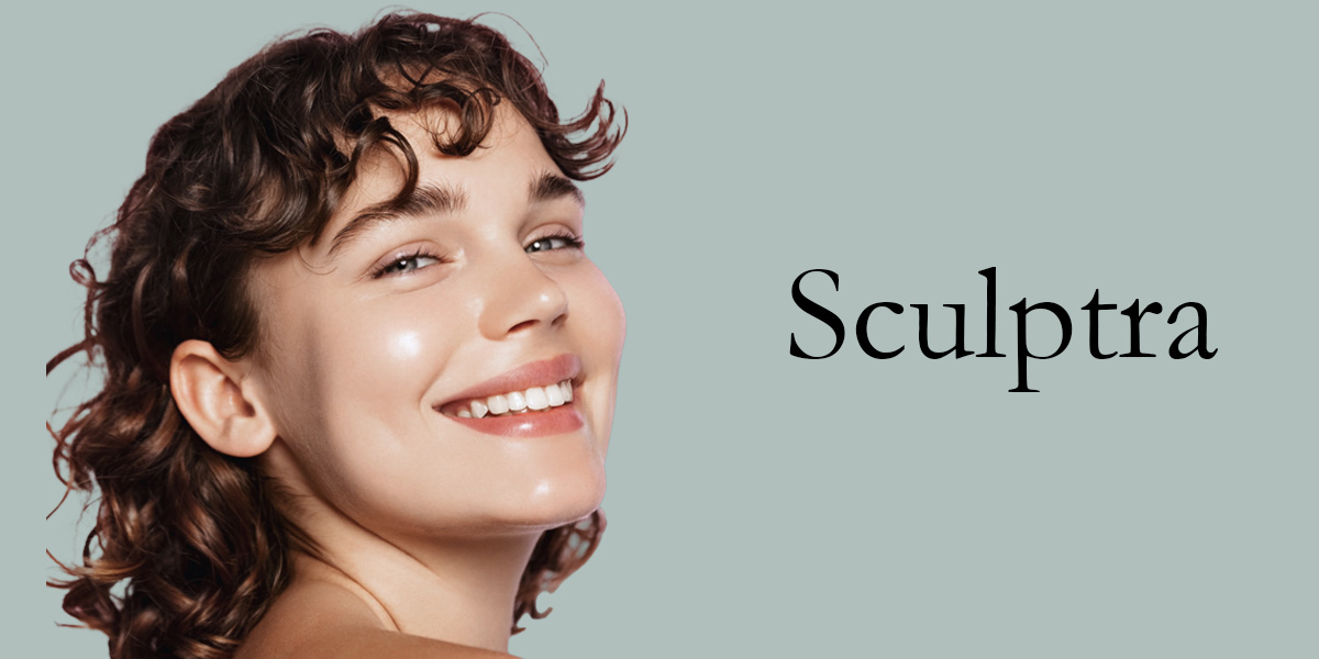 smiling woman with curly brown hair next to the word sculptra