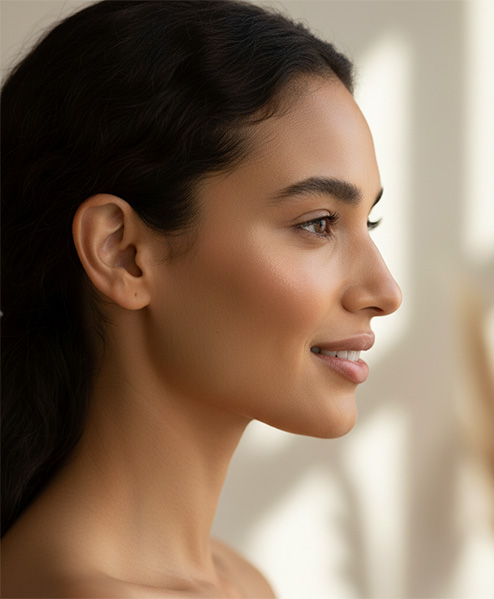 Side profile of a smiling woman showing enhanced nasal structure after cosmetic rhinoplasty at Texas Center for Facial Plastic Surgery