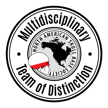 Circular emblem featuring a black map of North America with a red-highlighted human skull and the text 'North American Skull Base Society' and 'Multidisciplinary Team of Distinction'.
