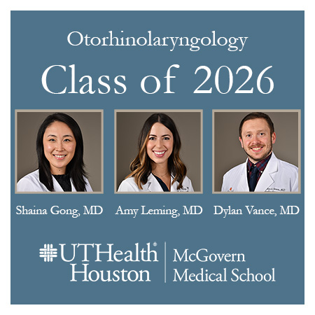 Portraits of three otorhinolaryngology residents, Shaina Gong, Amy Leming, and Dylan Vance, Class of 2026 at UTHealth Houston McGovern Medical School.