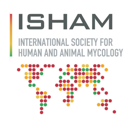 Logo of ISHAM featuring a stylized world map made of colored dots representing global mycology connections.