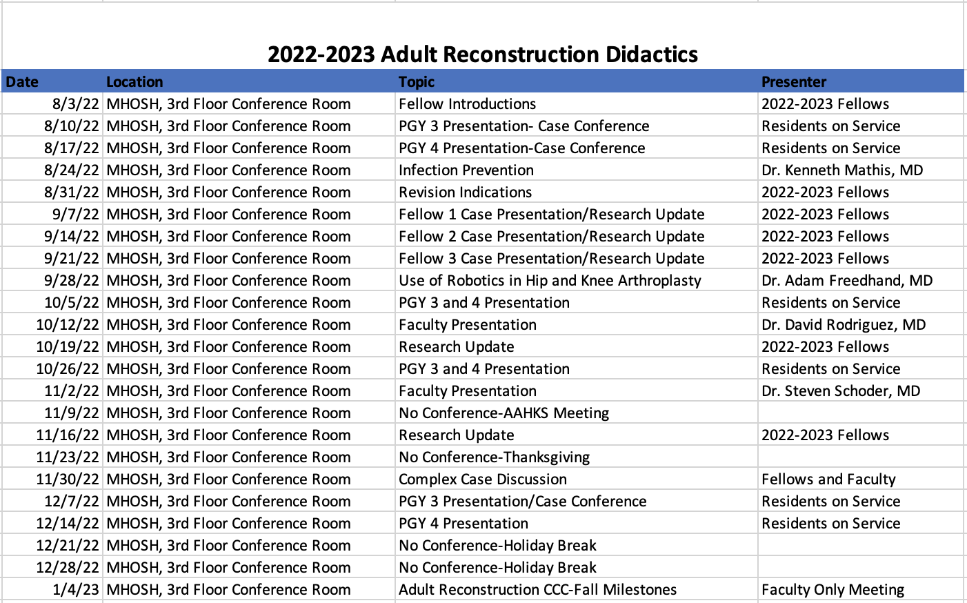 2022 - 2023 Didactics Schedule