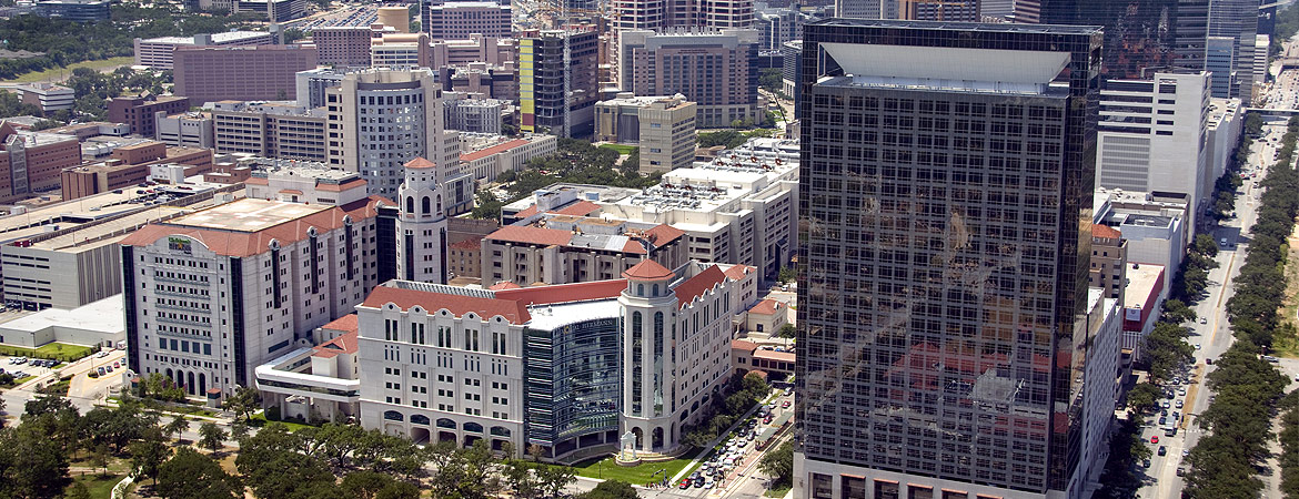 Aerial view of Memorial Hermann Hospital in the Texas Medical Center