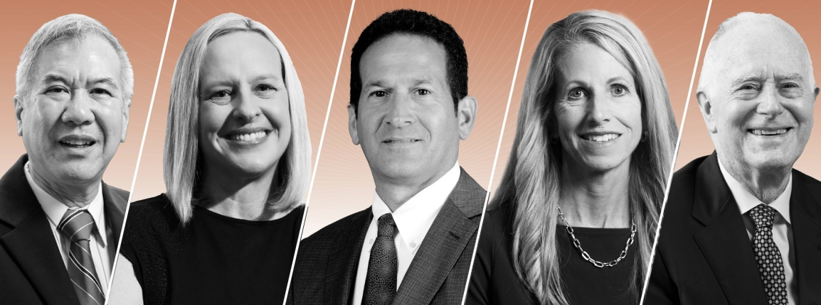Recipients of the 2020 President’s Scholar Awards are (from left to right): Eugene C. Toy, MD; Alanna C. Morrison, PhD; Andrew Casas; Joy M. Schmitz, PhD; and Ian J. Butler, MD. (Graphic by Andrea Rodriguez/UTHealth Houston)