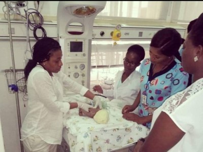 Neonatal Resuscitation training by Dr. Chiamaka Aneji (left) at the Obijackson Women and Children's Hospital