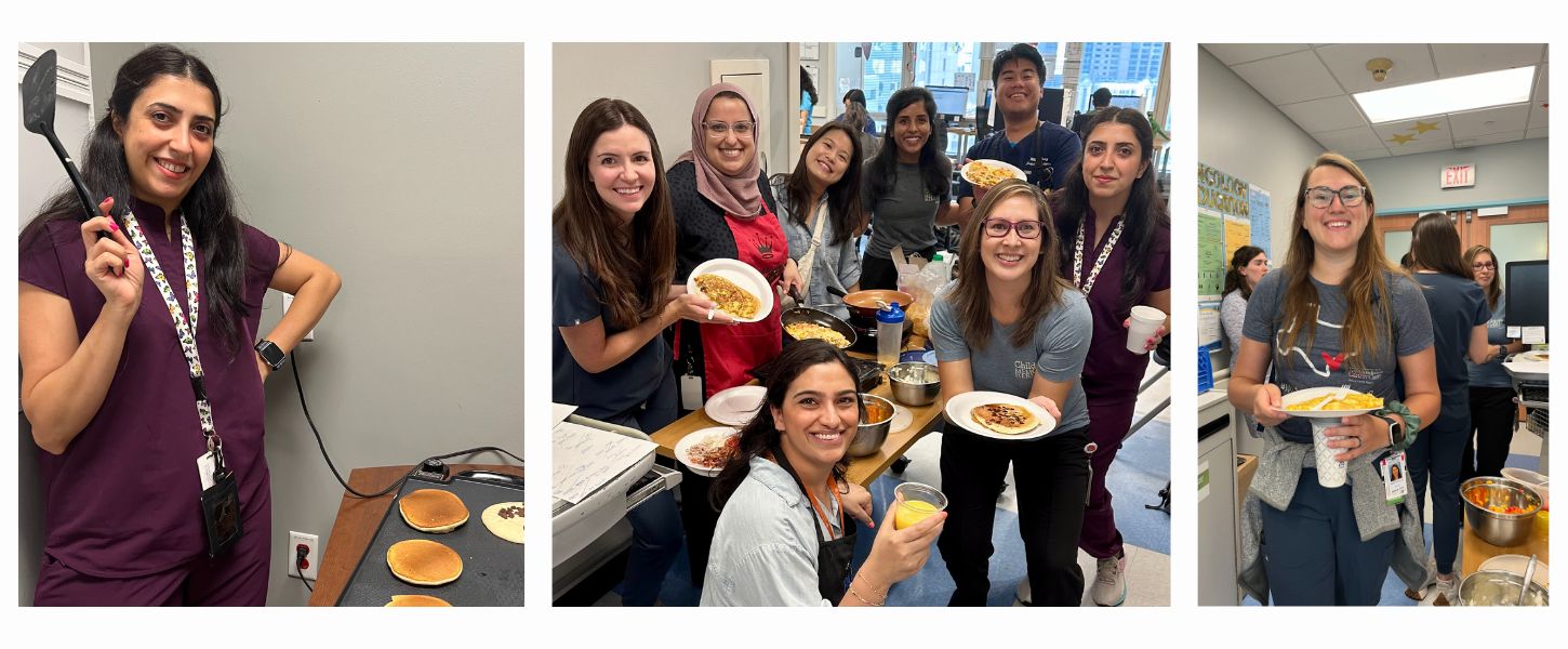 Interns, residents and attendings enjoy pancake breakfast.