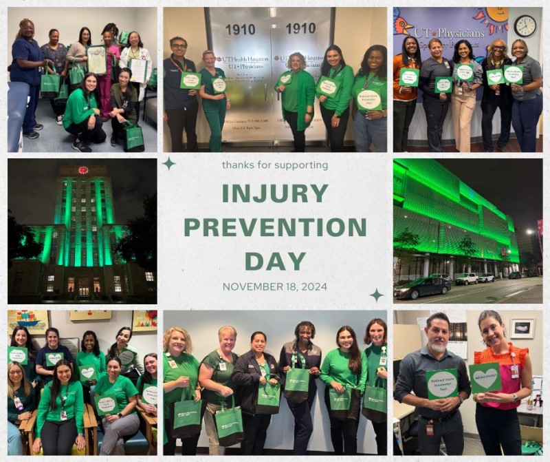 Collage of groups posing with injury-free signs