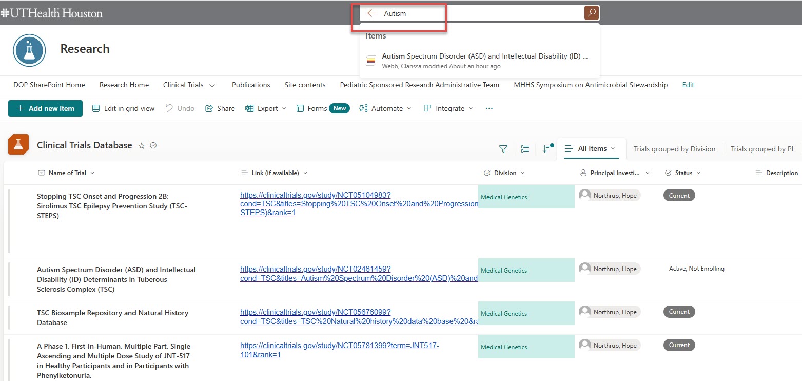 Screenshot of Clinical Trial list in SharePoint