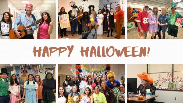 Collage of staff in costumes for Halloween