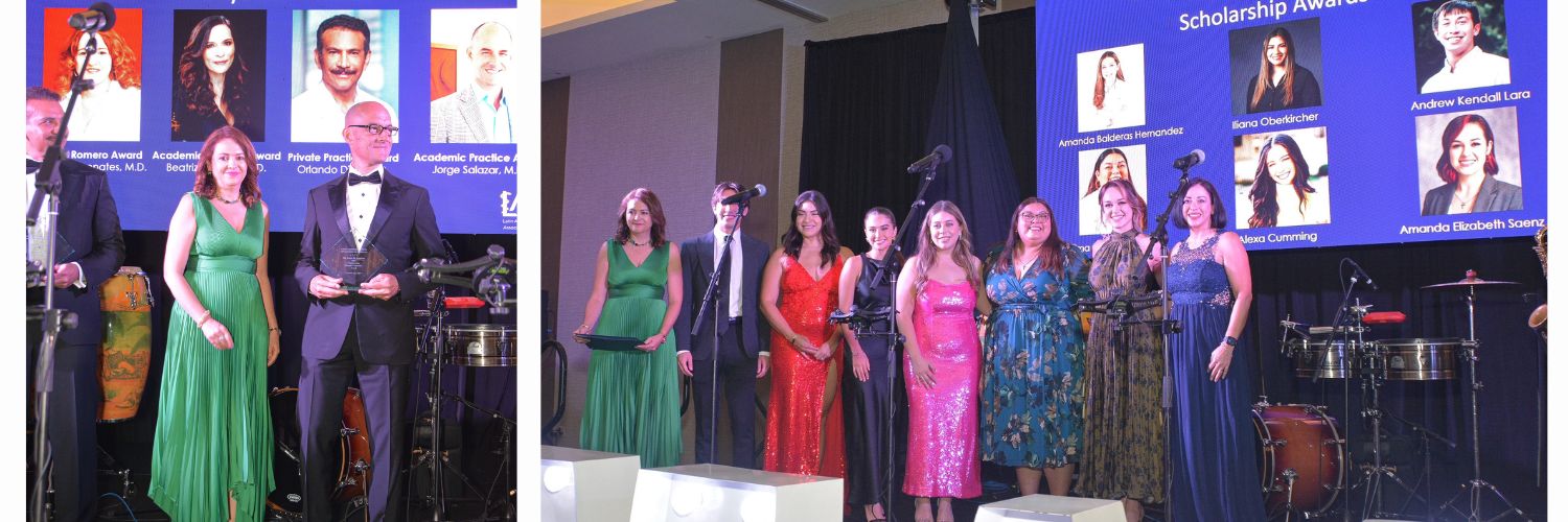 Collage of photos from LMSA gala: Dr. Salazar receiving award and students receiving scholarships