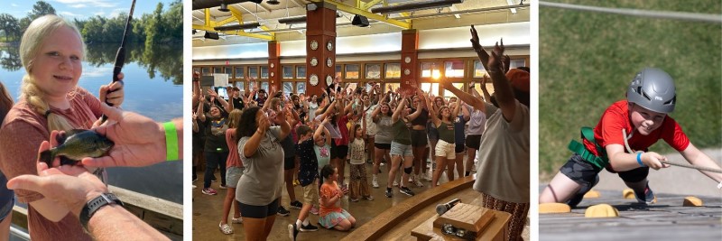 Campers fishing, cheering and climbing a wall