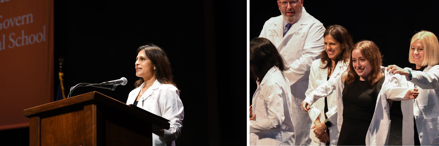 Dr. Lahoti speaking at podium and putting white coats on graduates