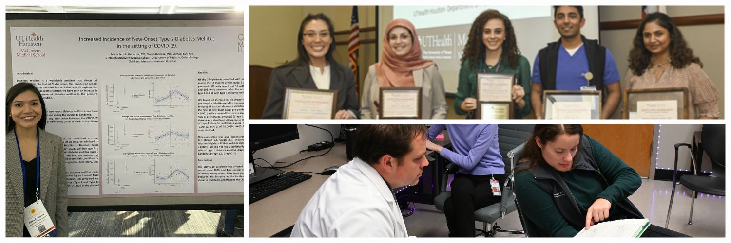 Fellows presenting a poster, holding certificates and learning from a mentor