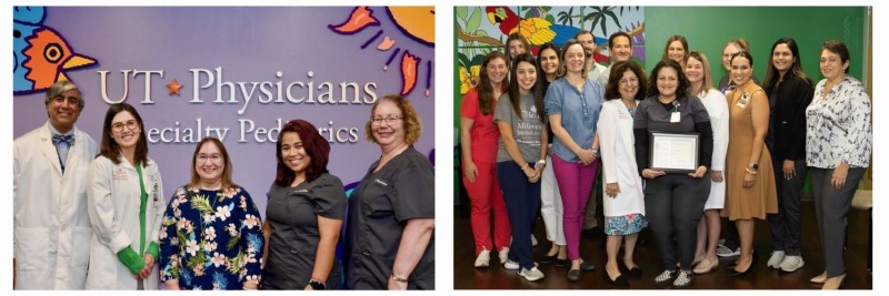 Providers and staff in front of UT Physicians signs