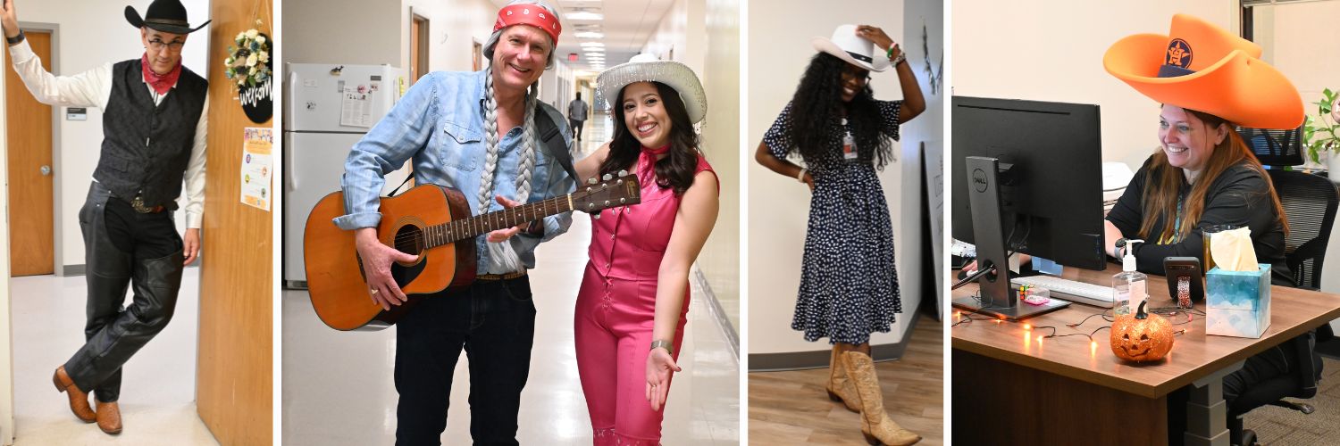 Collage of people dressed in Go Texan attire