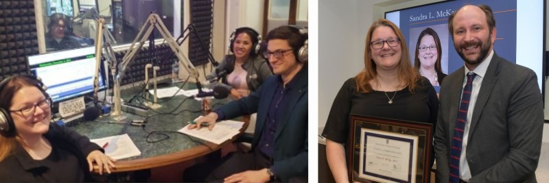 Dr. McKay recording a podcast and receiving an award