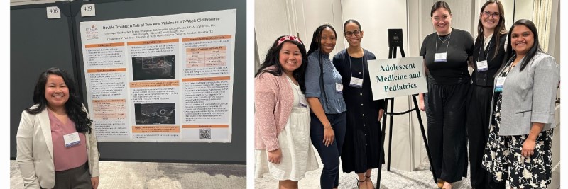 Dr. Dagdag stands next to her poster and with other residents at conference
