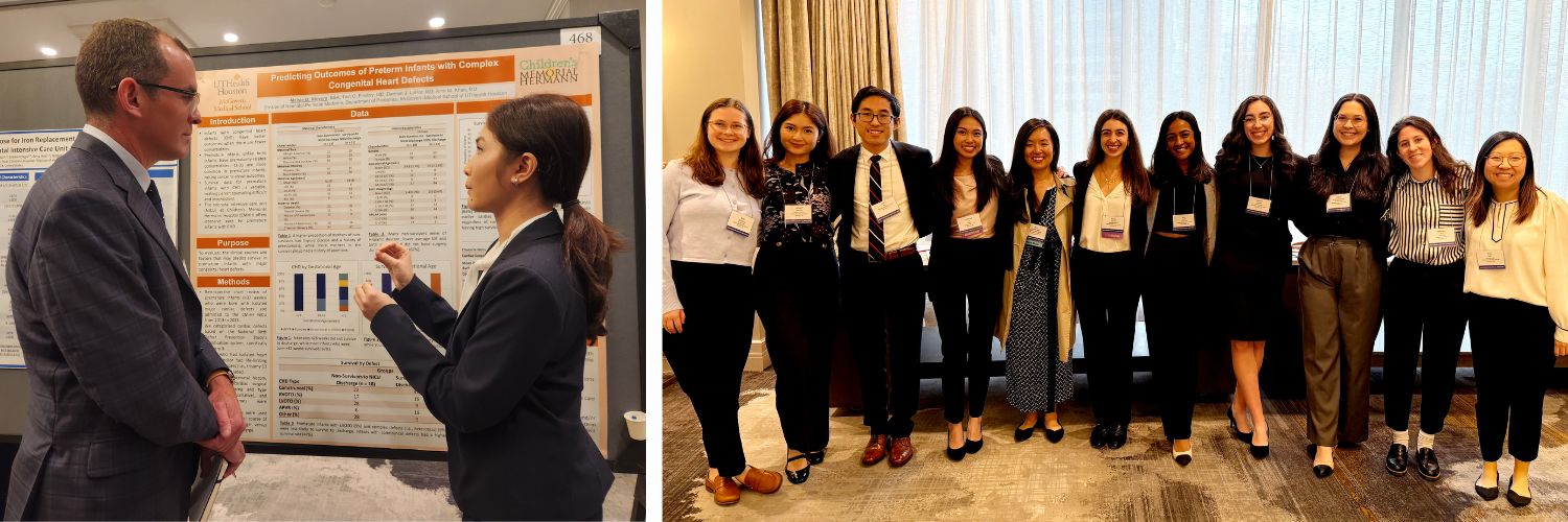 Trainee presenting poster to another doctor; group photo of SRP students and leaders