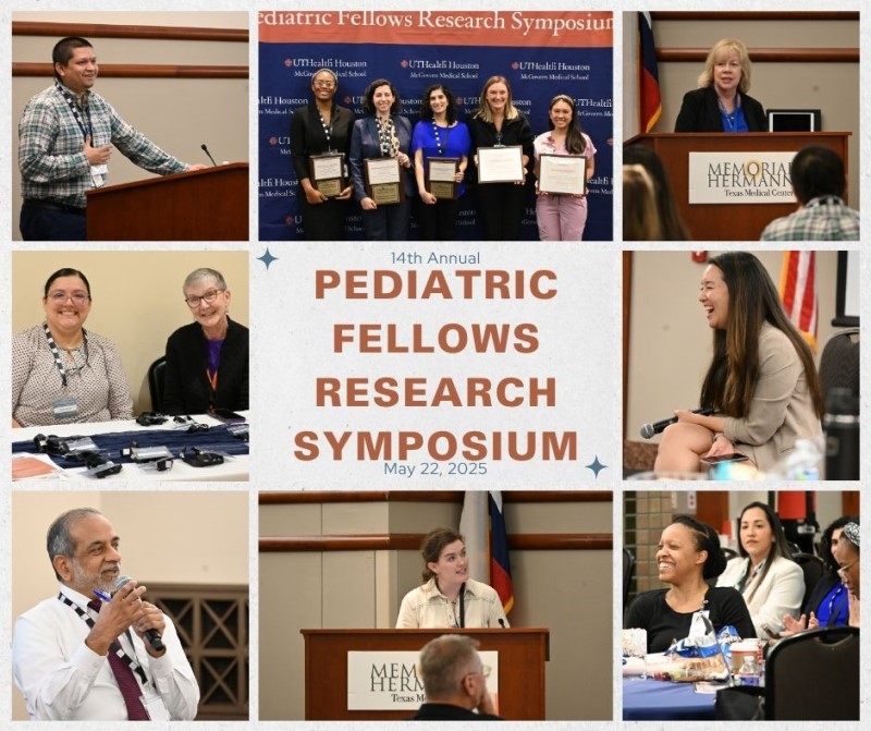 Collage of events from fellows symposium: people speaking in microphones, posing with awards, smiling and connecting