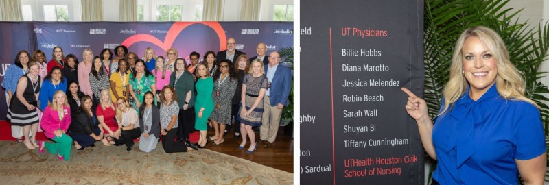 Collage with group photo and Jessica pointing to her name on a banner
