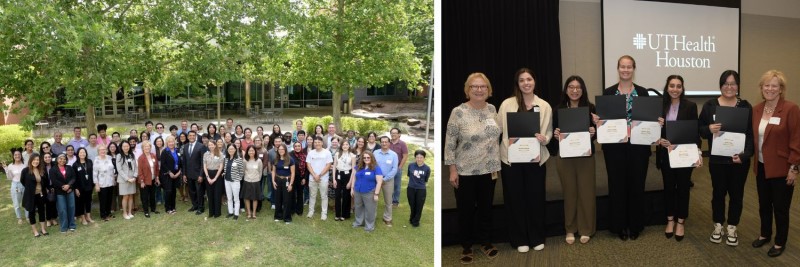 group photo and people holding award certificates