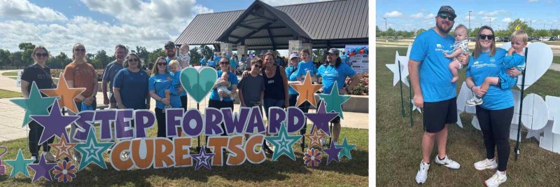 People in front of sign and family behind sign