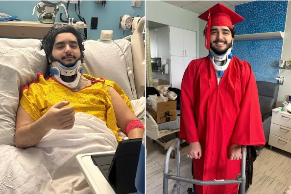 Young man in hospital bed, young man standing with walker