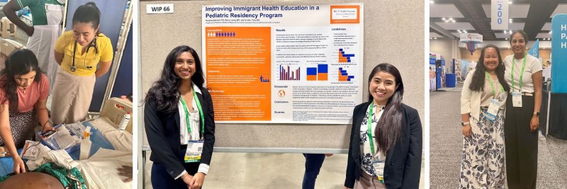 Collage of doctors seeing patient, standing in front of research poster and posing at conference