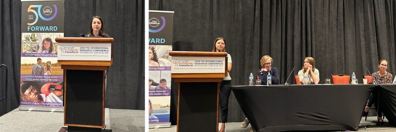 Two photos of professionals presenting at podiums