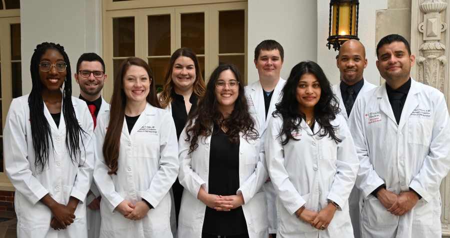Group of young doctors in white coats