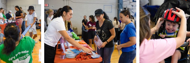 Collage of photos: adult and child playing game; woman handing out flyers at table; woman putting bike helmet on a child's head