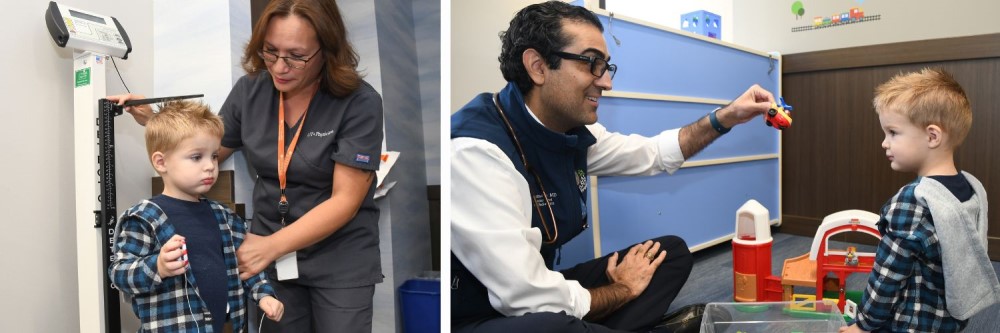 Collage of medical assistant measuring a child's height, clinician playing on the floor with same child
