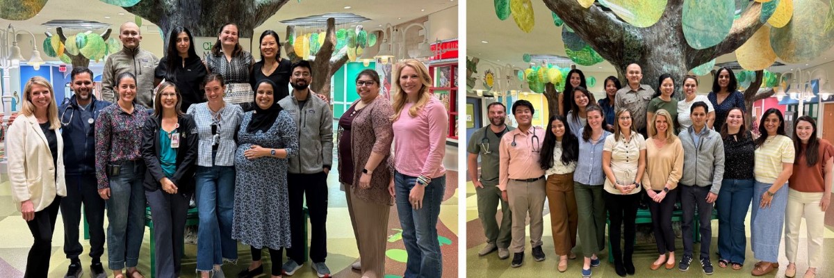 Two group photos of doctors in indoor playground space