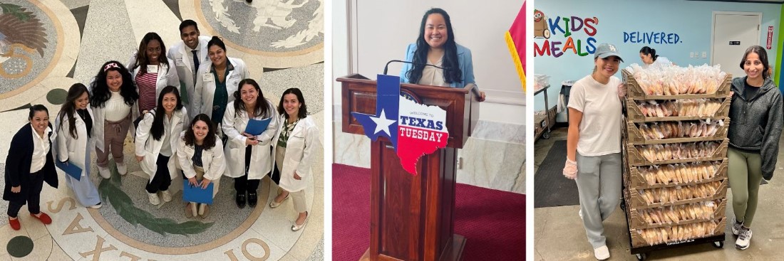 Collage of doctors in white coats at the Capitol, doctor standing at podium, two doctors volunteering in a warehouse