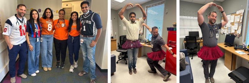 Collage of people in sports jerseys and two doctors wearing tutus