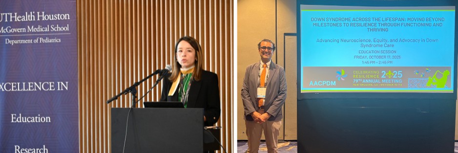Collage of two presentations, doctor at podium and doctor standing next to PPT screen