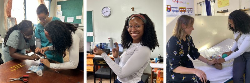 Collage of residents working to build a breathing device out of a water bottle