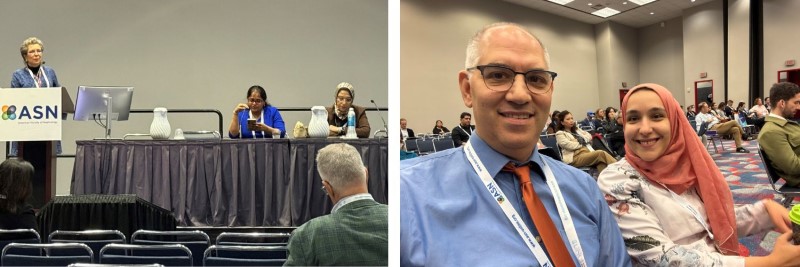 Collage of two photos: woman presenting at podium and selfie of man and woman at conference