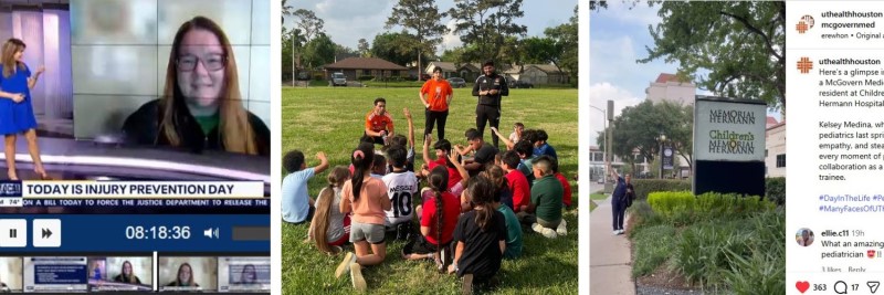 Collage of three photos: woman being interviewed on camera, group of children listening to their coach, and screenshot of an Instagram post