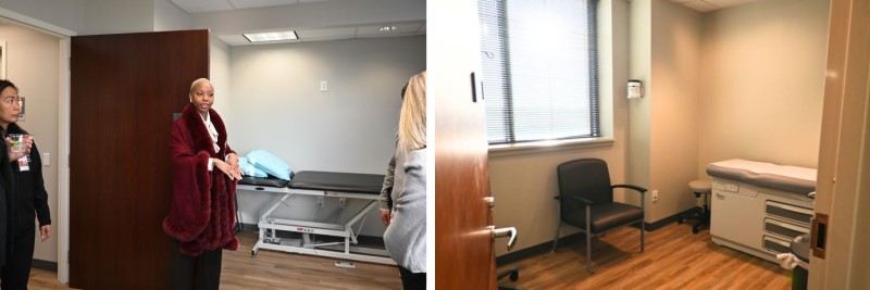 Collage of woman giving a tour and an empty treatment room