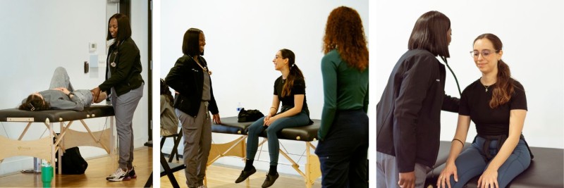 Collage of three photos of doctor doing wellness checks on dancers