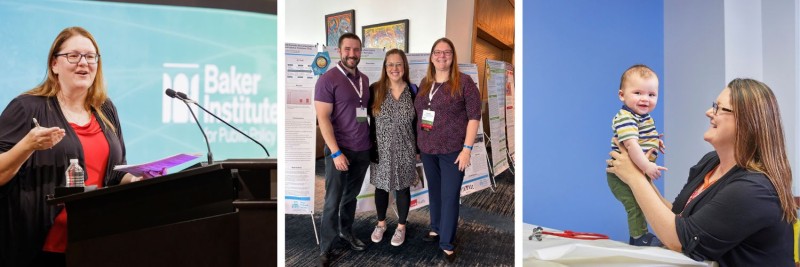 Collage of woman speaking at podium, standing in front of poster at conference and taking care of a young patient