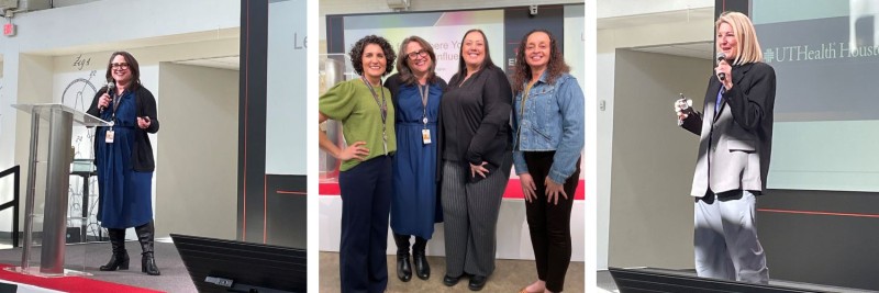 Collage of two presenters and a group photo