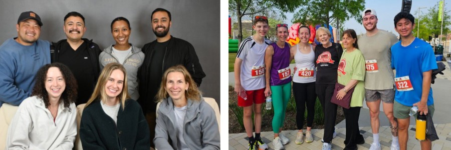 Collage of two photos: one posed group and one group after a fun run